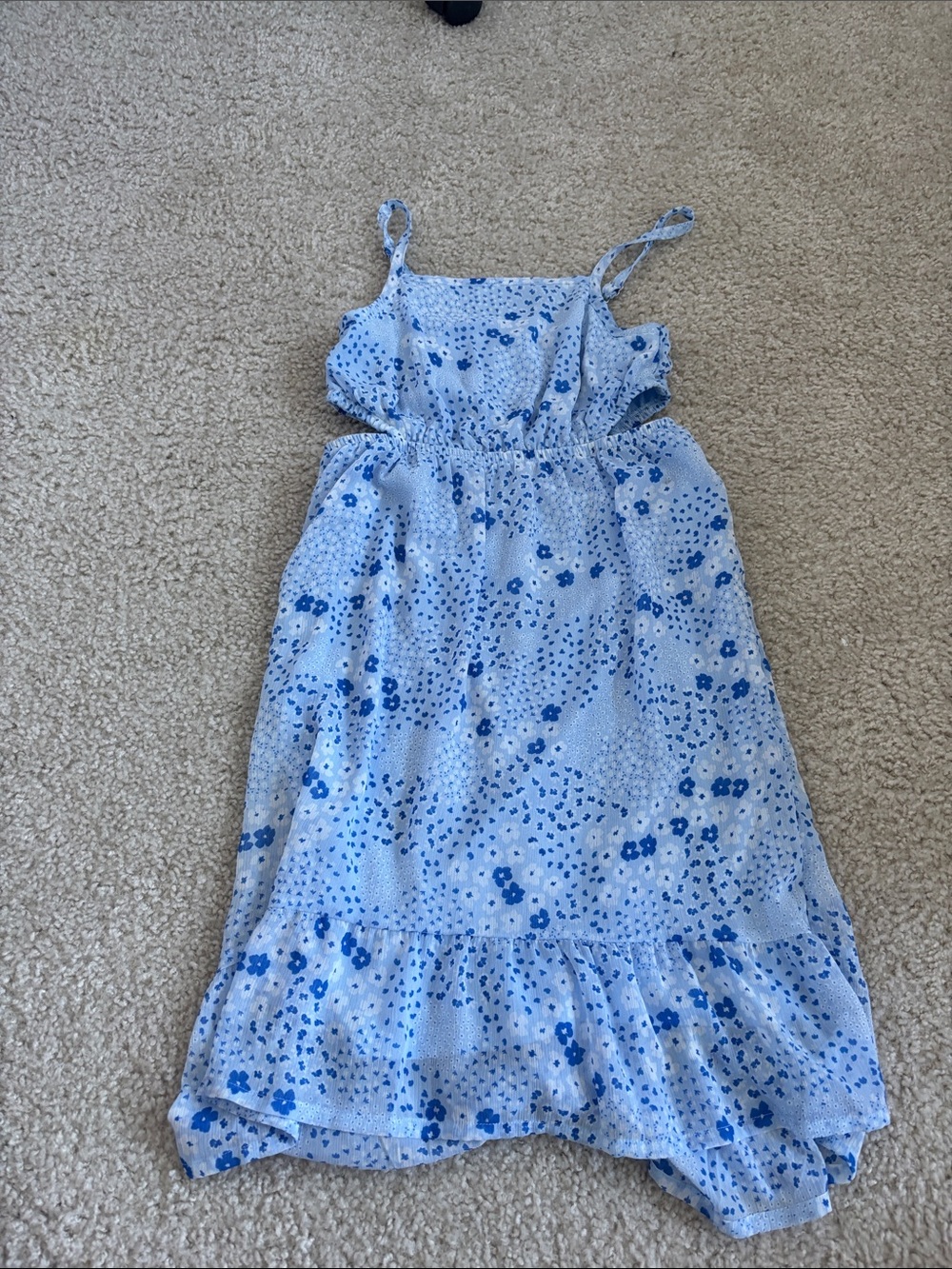 Girls' Blue Floral Spaghetti-Strap Dress with Elastic Waist